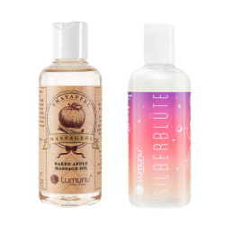 Deluxe Massageöl mit Bratapfel Duft (100 ml) & Körperöl "Silberblüte" (250ml)